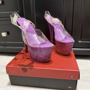 Pleaser Purple Glitter Platform Heels with Clear Straps